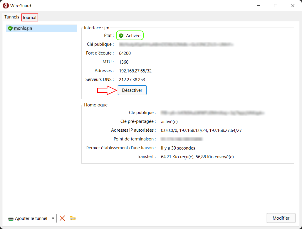 Client Wireguard Windows avec tunnel actif